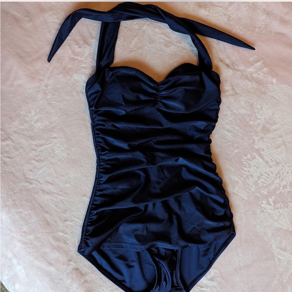 Elegant Blue One Piece Swimsuit with Ruched Bodice
